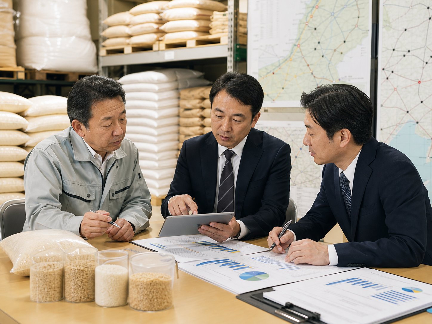 米卸会社の企業価値を資料で確認している様子