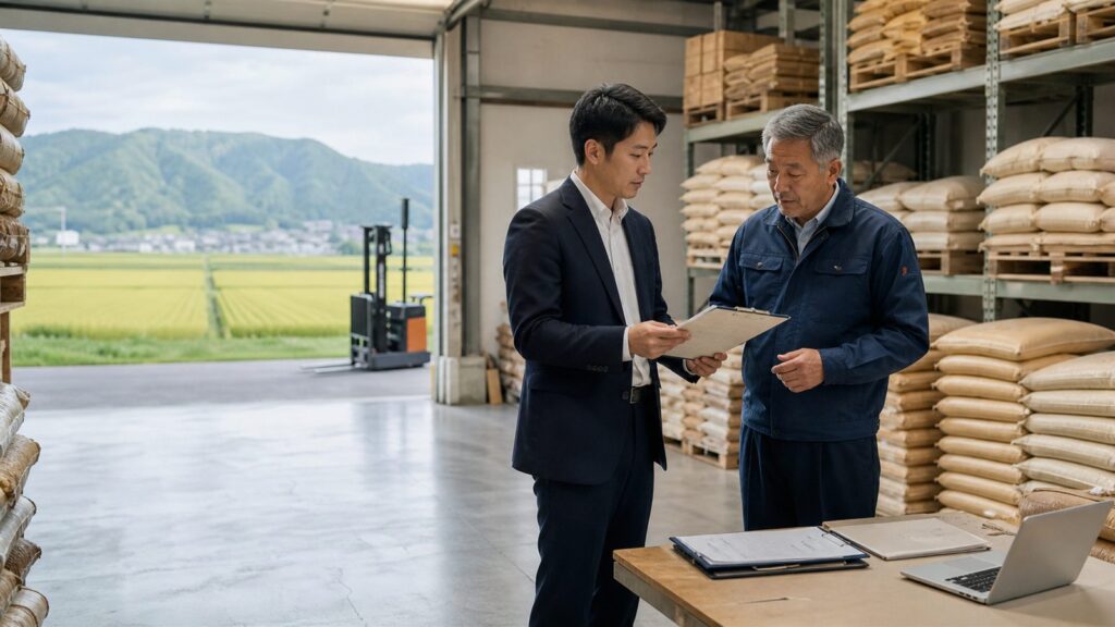 秋田の米穀卸M&Aをテーマにした米袋と低温倉庫での事業承継商談風景
