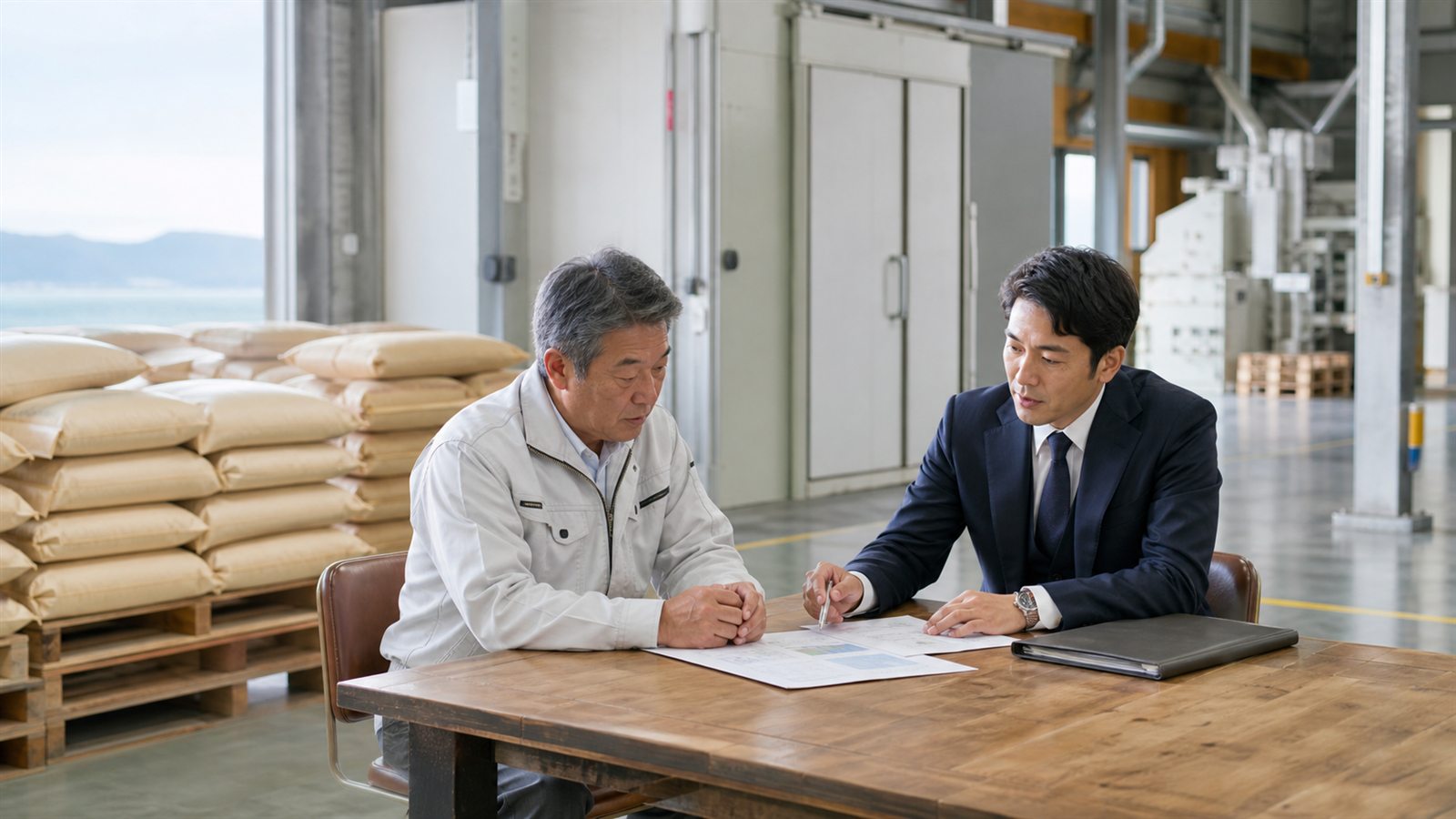 広島の米穀卸倉庫で事業承継について相談する経営者と担当者