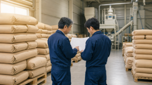 福井の米穀卸会社の低温倉庫で米袋と精米設備を背景に事業承継の在庫資料を確認する経営者と後継候補