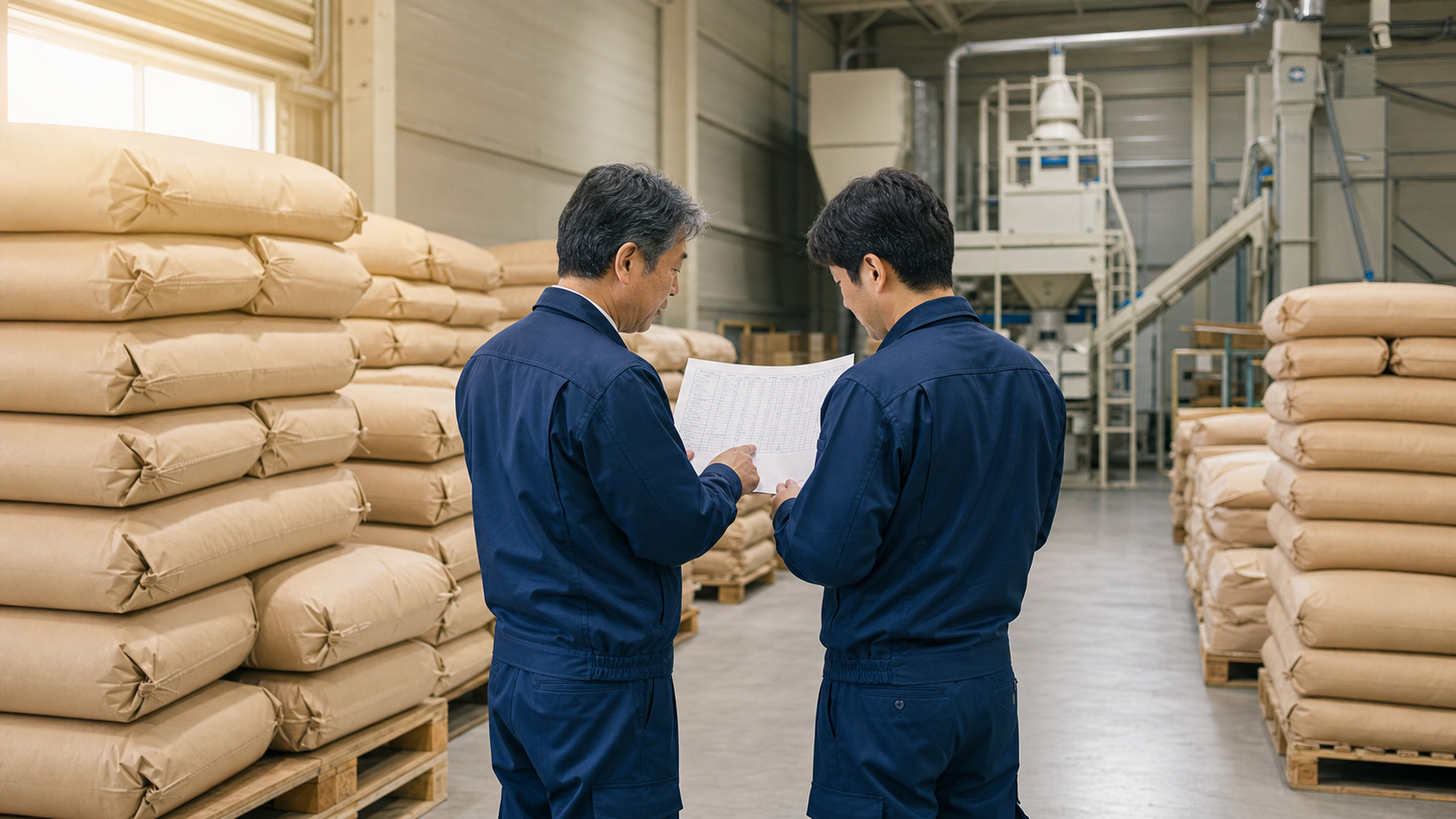 福井の米穀卸会社の低温倉庫で米袋と精米設備を背景に事業承継の在庫資料を確認する経営者と後継候補