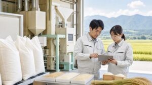 岩手の学校給食米を扱う精米会社の設備と品質確認を行う担当者