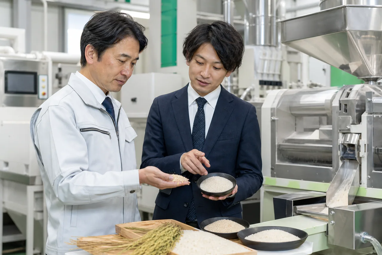 精米設備の前で品質管理を確認する担当者