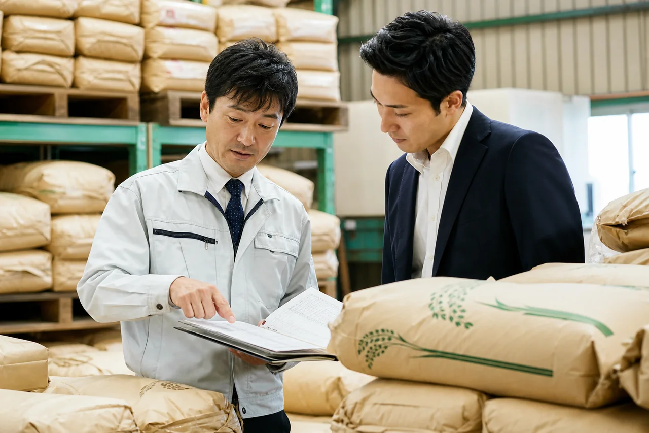 米卸会社の倉庫で在庫台帳を確認する担当者