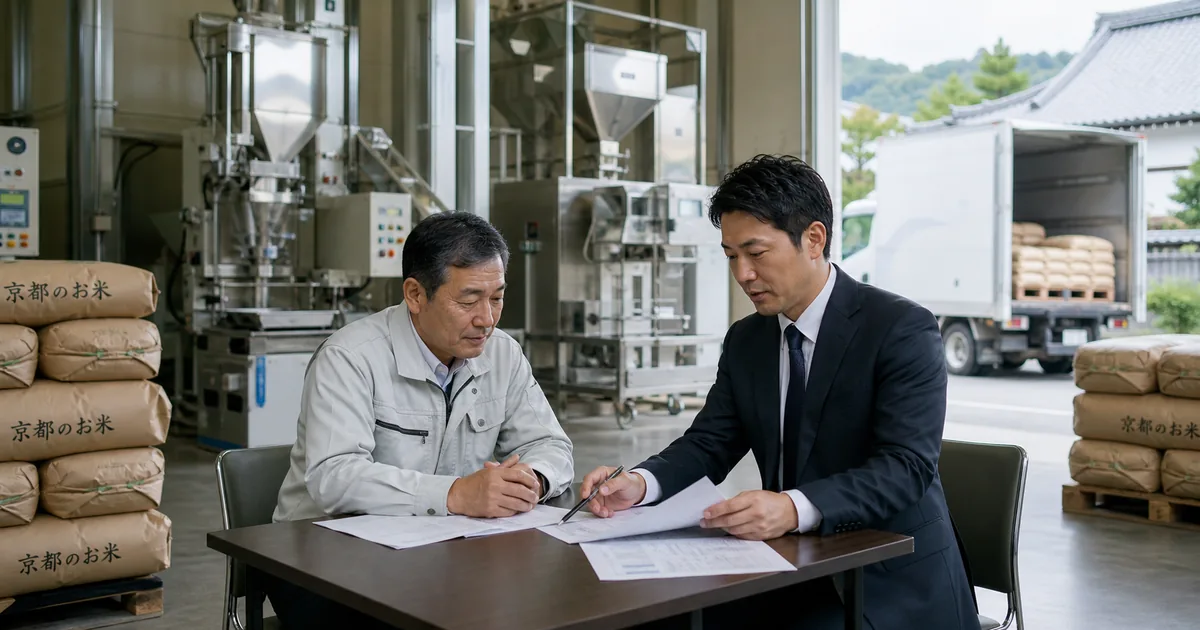 京都の精米会社で、精米設備と袋詰めラインの横で経営者とM&Aアドバイザーが事業承継の資料を確認している様子
