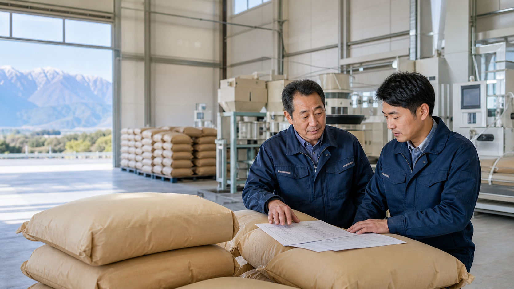 長野の業務用米卸会社の低温倉庫で米袋と品質管理表を確認しながら事業承継を話し合う経営者と後継者
