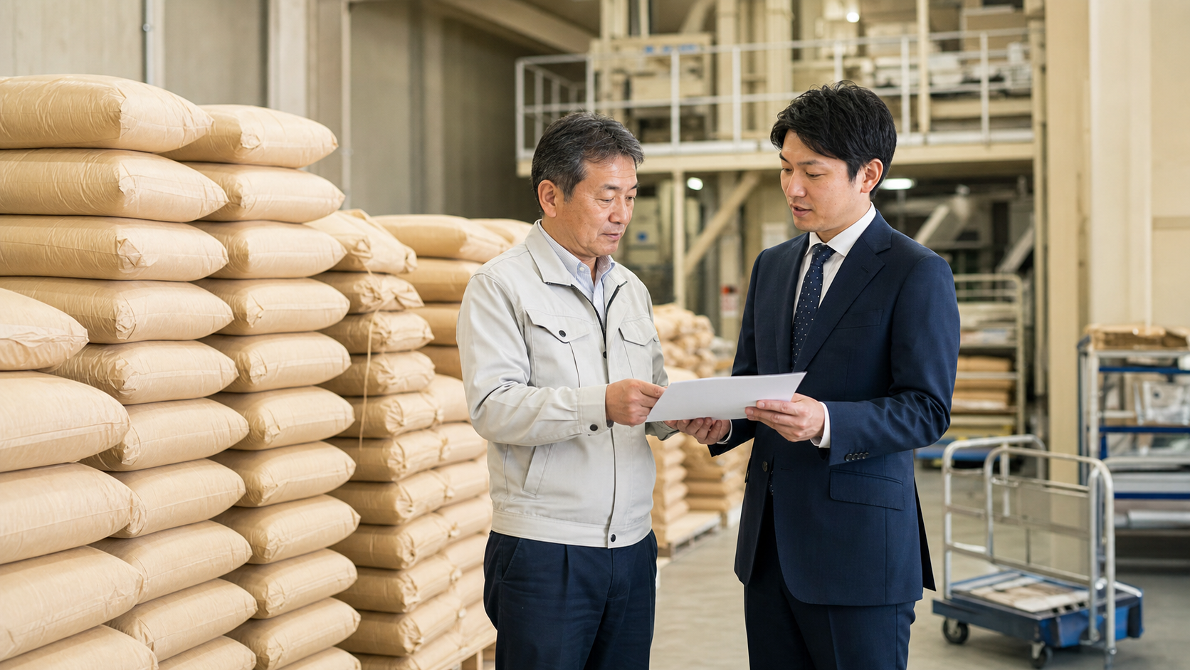 岡山の米穀卸倉庫で米袋と精米設備を前に事業承継を相談する経営者