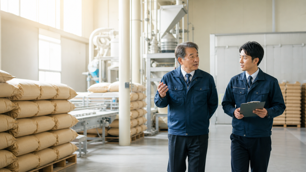 佐賀の精米会社の工場で精米設備と米袋を確認しながら事業承継を話し合う経営者と後継候補