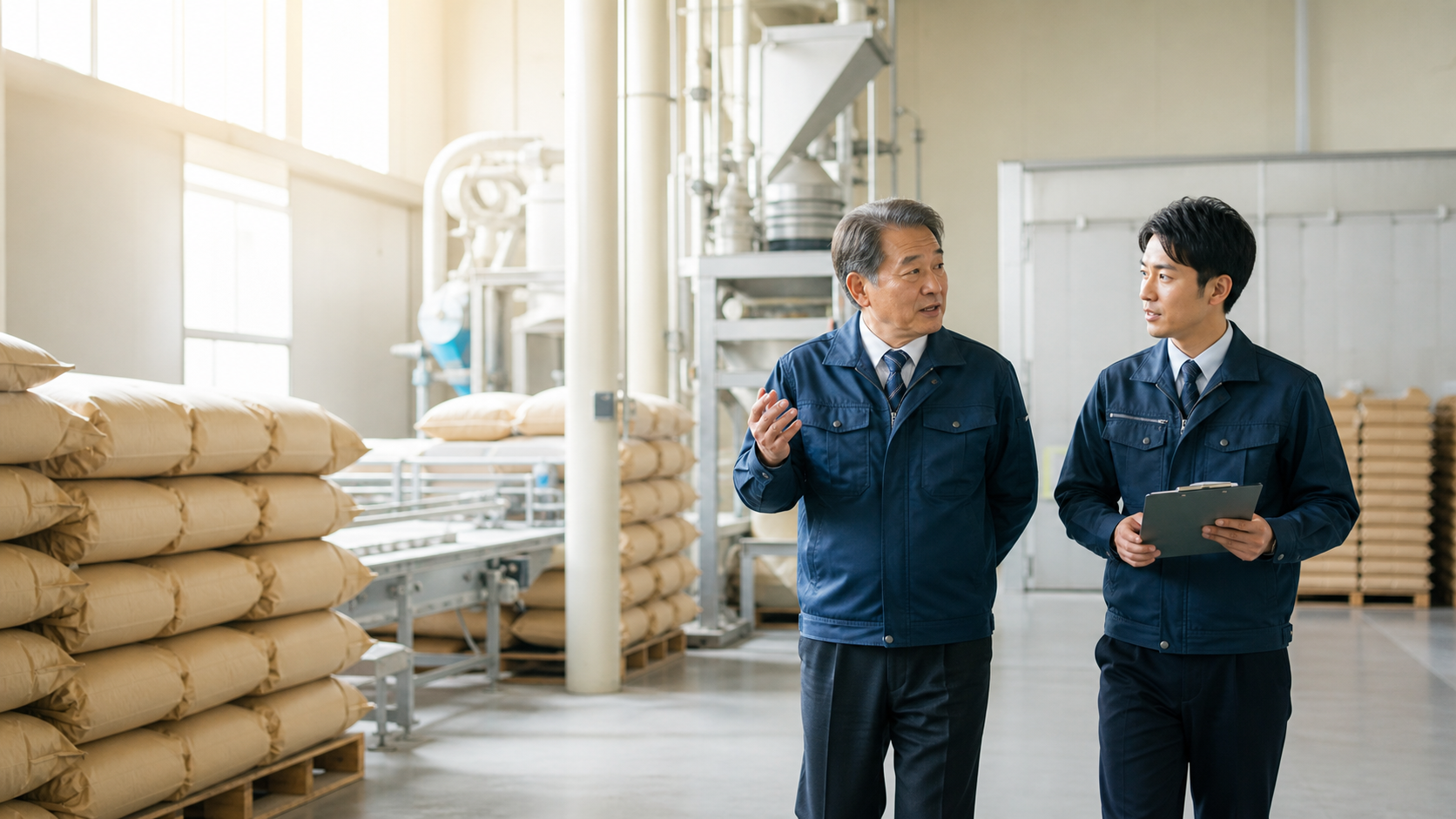 佐賀の精米会社の工場で精米設備と米袋を確認しながら事業承継を話し合う経営者と後継候補
