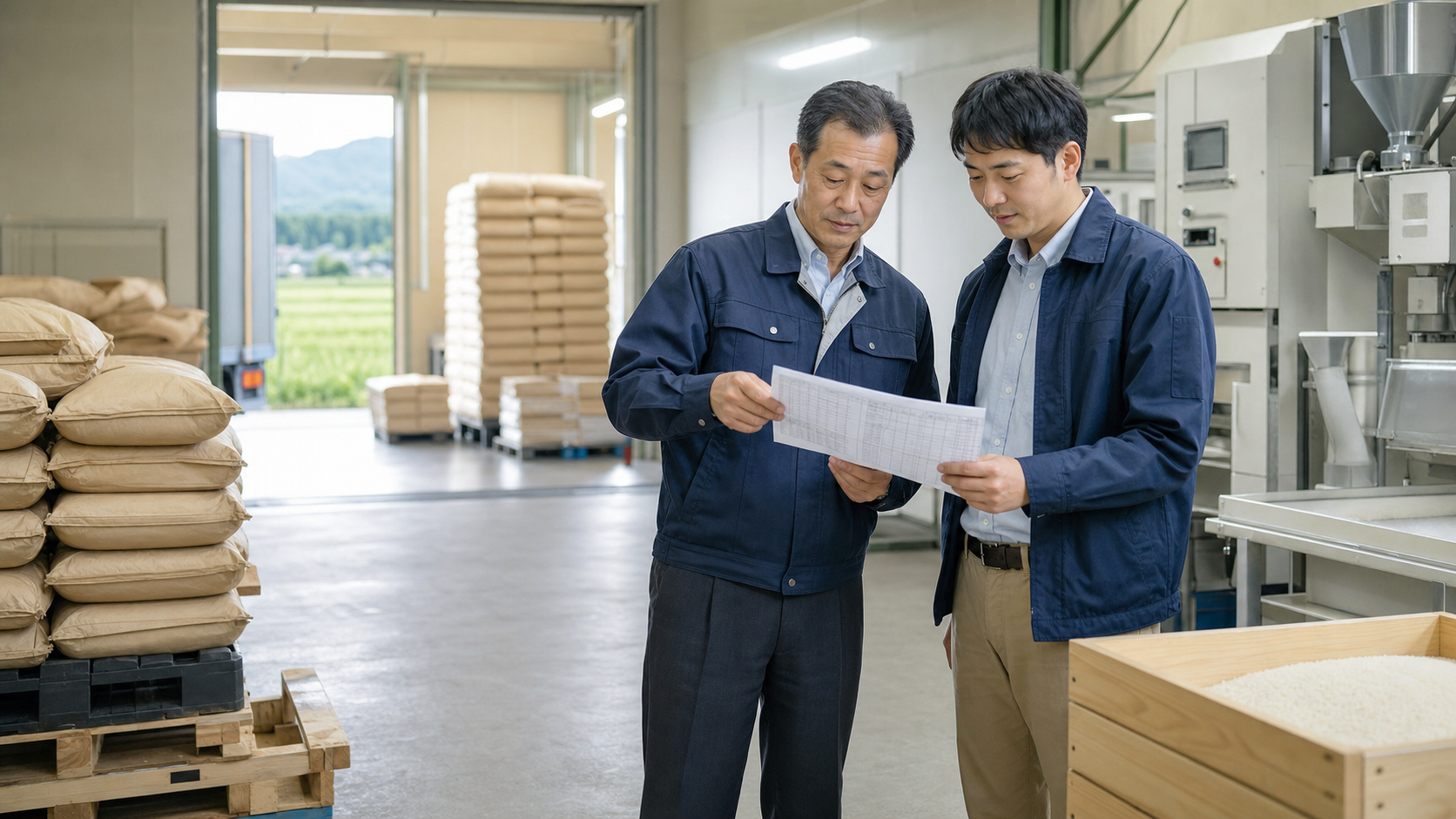 栃木の業務用米卸会社の精米・低温倉庫で在庫表を確認する経営者と後継担当者