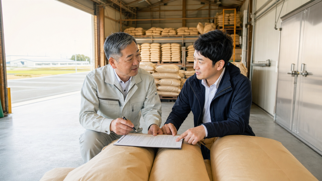 富山の米穀倉庫で産地集荷の事業承継を話し合う経営者と後継担当者