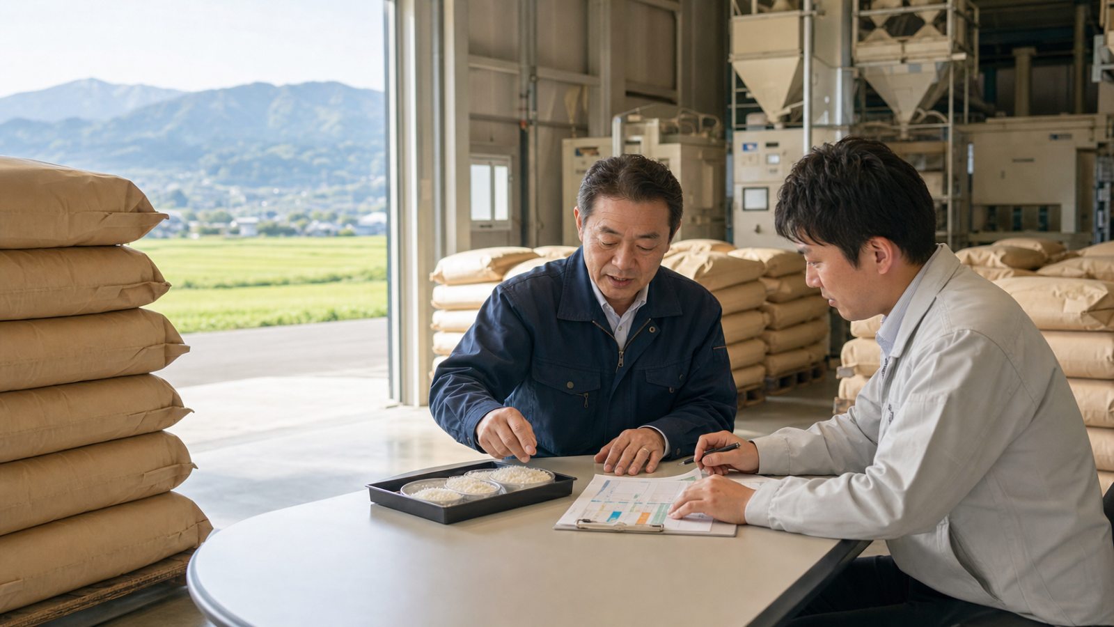 山形の米倉庫で外食向け米の品質サンプルと配送計画を確認する事業承継の商談