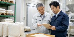 福井県の保育園給食向け精米施設で米粒と品質記録を確認する現経営者と後継候補者