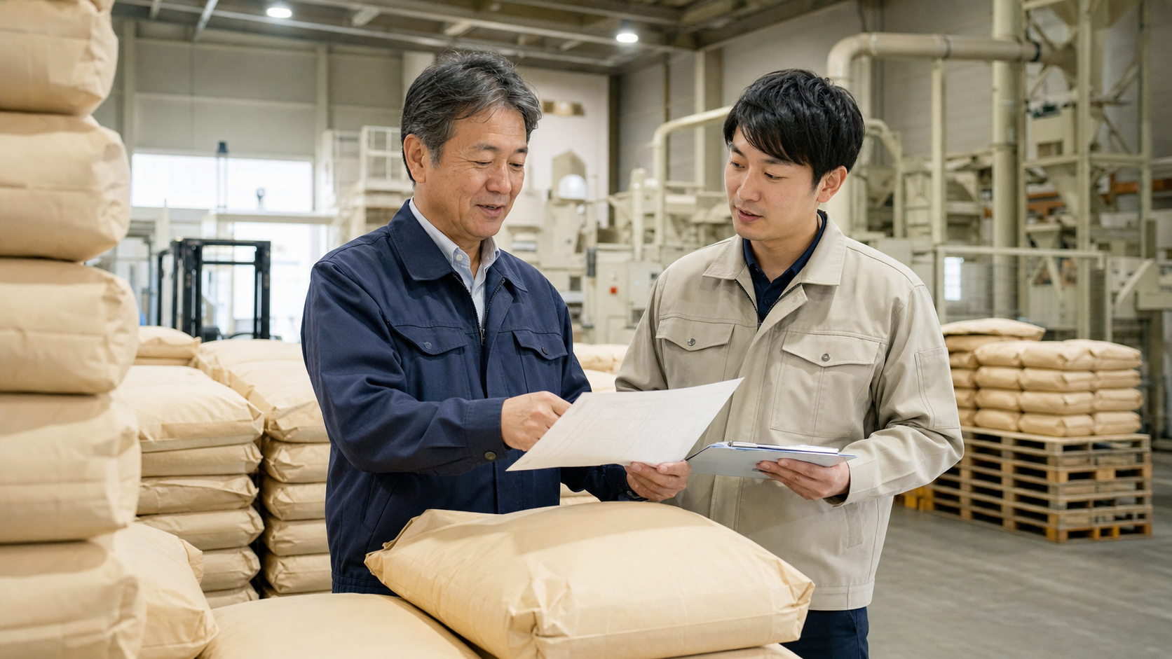 香川県の業務用米倉庫で米袋と配送計画を確認しながら事業承継を話し合う経営者と後継担当者