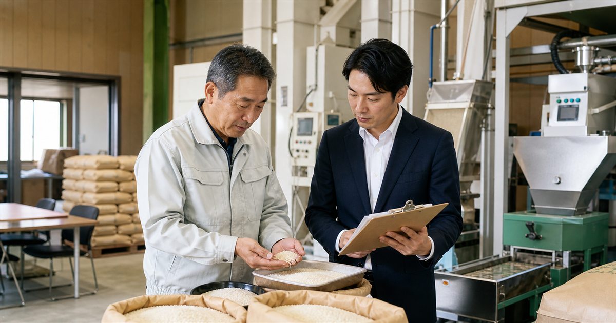 和歌山の精米会社M&Aをテーマに、精米設備の前で在庫確認と相談を行う様子を描いたアイキャッチ画像